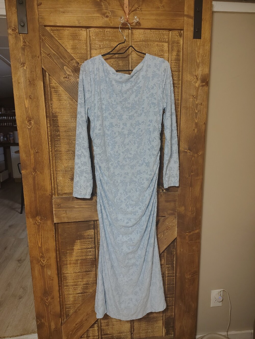 Light Blue Long Sleeve Lace Maxi Dress with Draped Detail